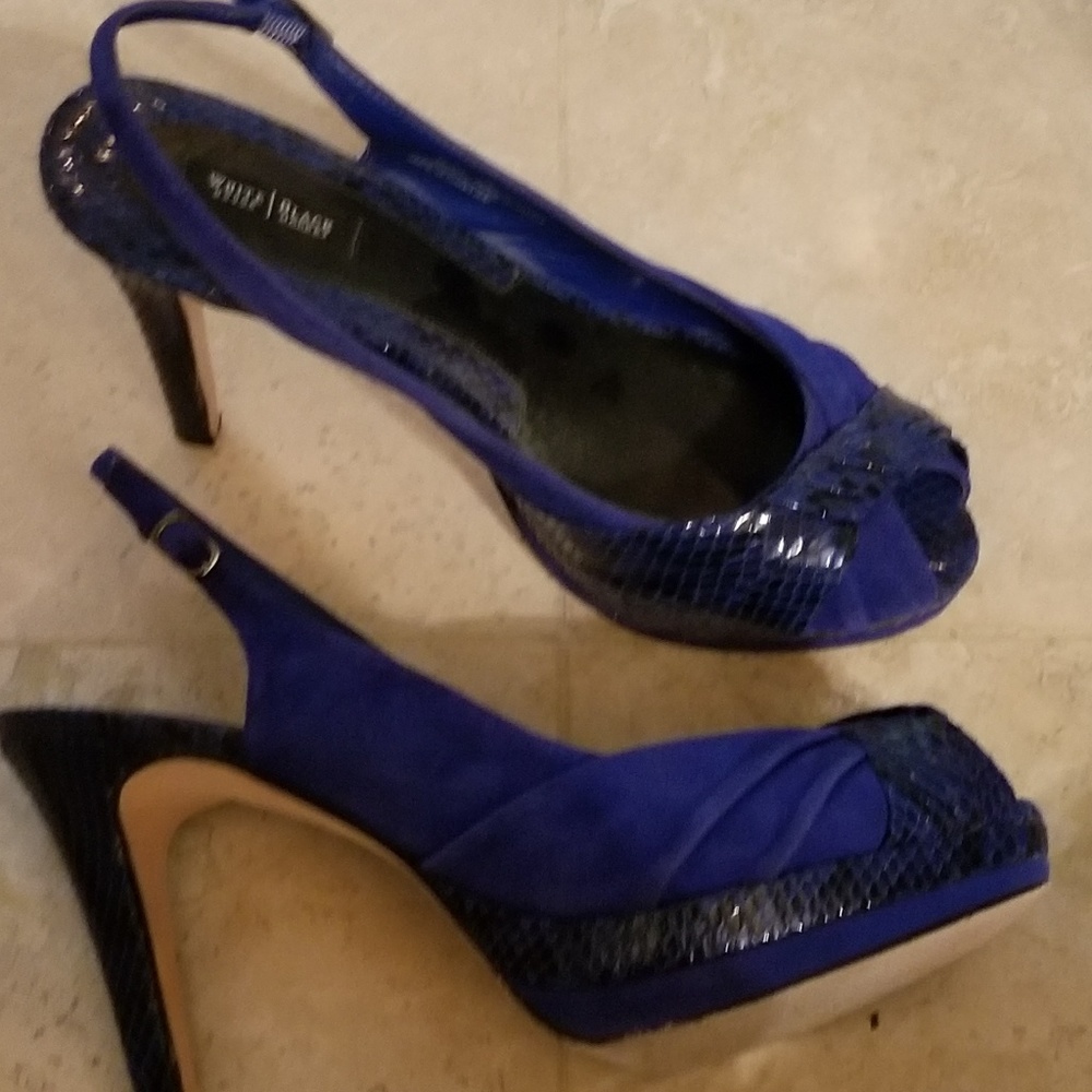 WHBM blue suede open toe heels